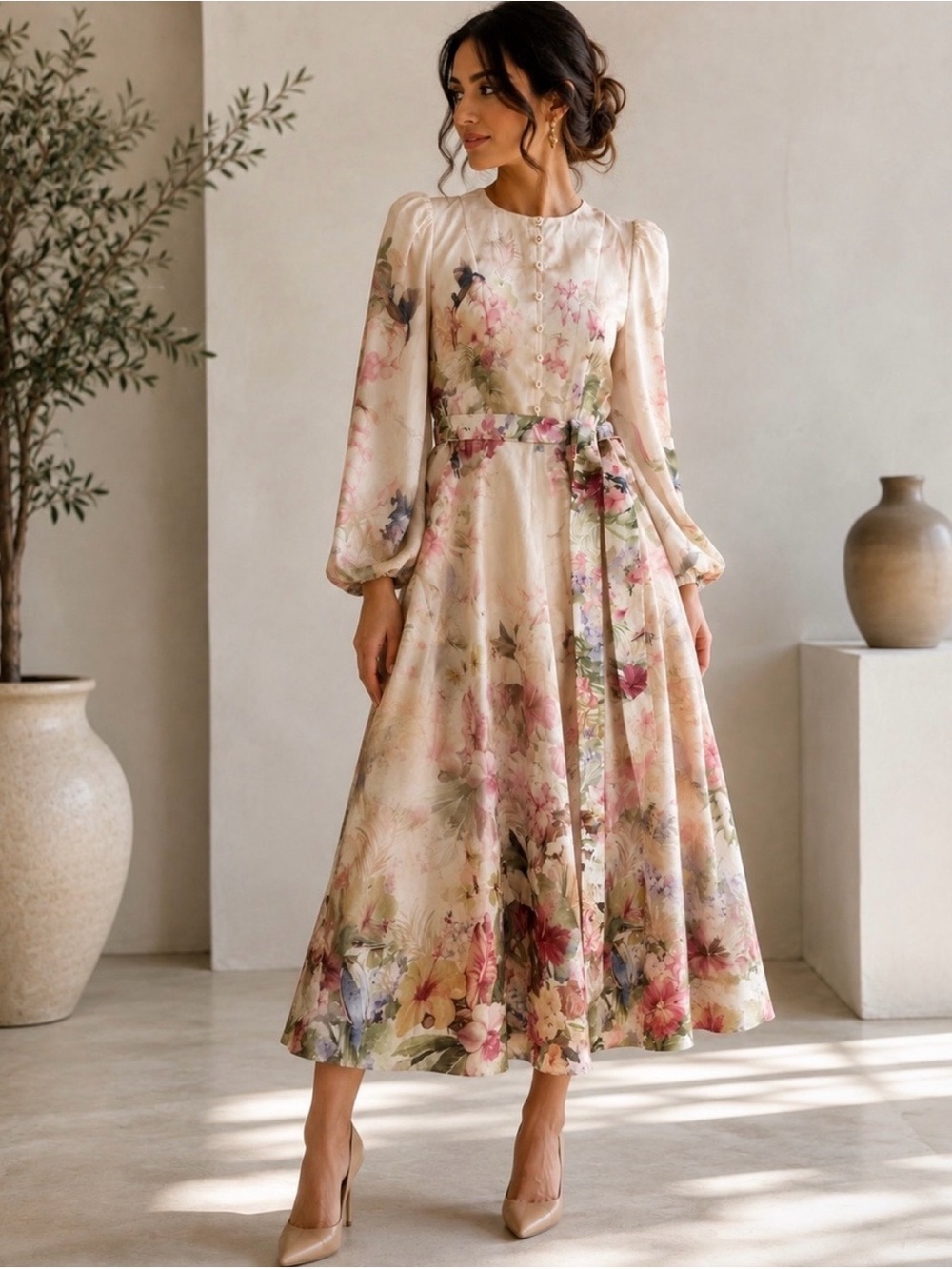 COMMENSE Floral Print Belted
Midi Dress